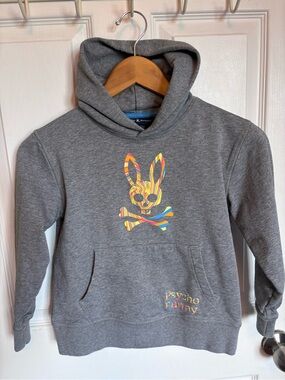 Psycho Bunny Kids Heather Gray Hoodie with Multicolor Striped Bunny Logo